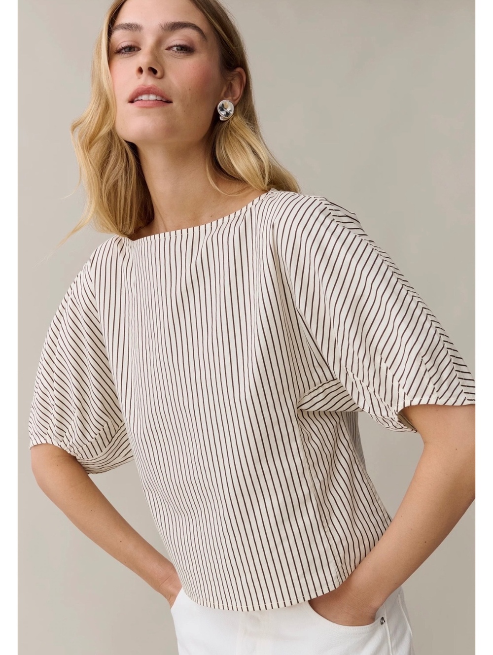 Caara By Few Moda Winnie Cotton Relaxed Fit Top Size Small Cream Brown Stripe